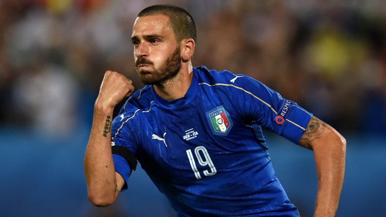 Leonardo Bonucci celebrates scoring Italy's first goal of the match.