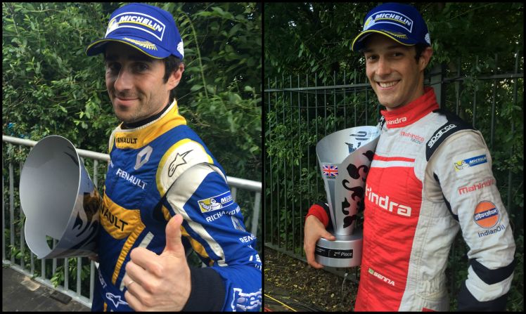 Nico Prost (left) and Bruno Senna clutching their trophies after the first ePrix of the weekend. 