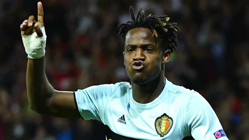 Belgium's forward Michy Batshuayi celebrates after scoring his team's second goal during the Euro 2016 round of 16 football match between Hungary and Belgium at the Stadium Municipal in Toulouse on June 26, 2016.   / AFP / EMMANUEL DUNAND        (Photo credit should read EMMANUEL DUNAND/AFP/Getty Images)