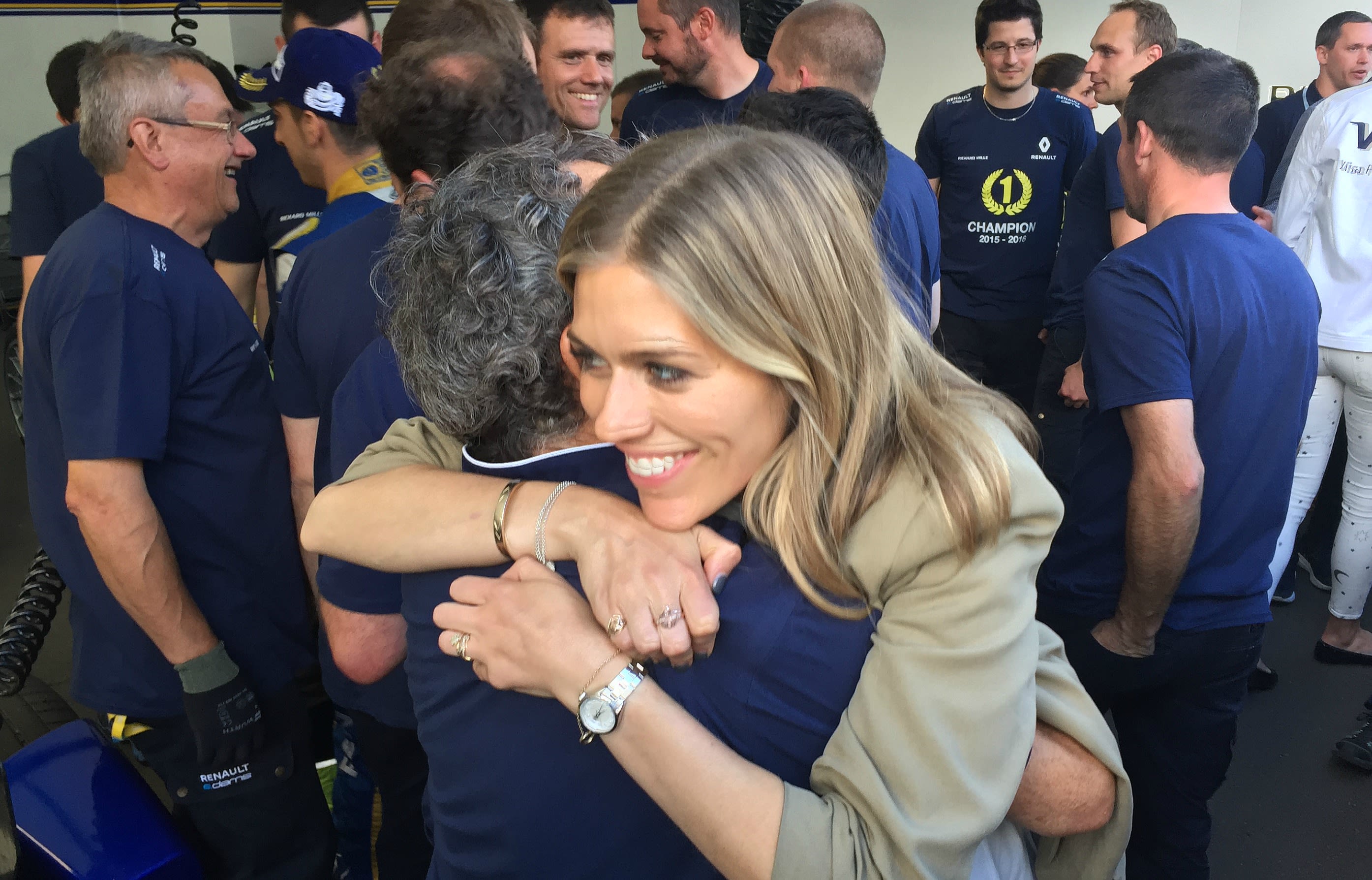 With the title clinched for Renault e.Dams, Supercharged presenter gives co-founder Alain Prost a congratulatory hug.