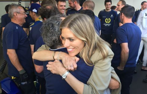 With the title clinched for Renault e.Dams, Supercharged presenter gives co-founder Alain Prost a congratulatory hug. 