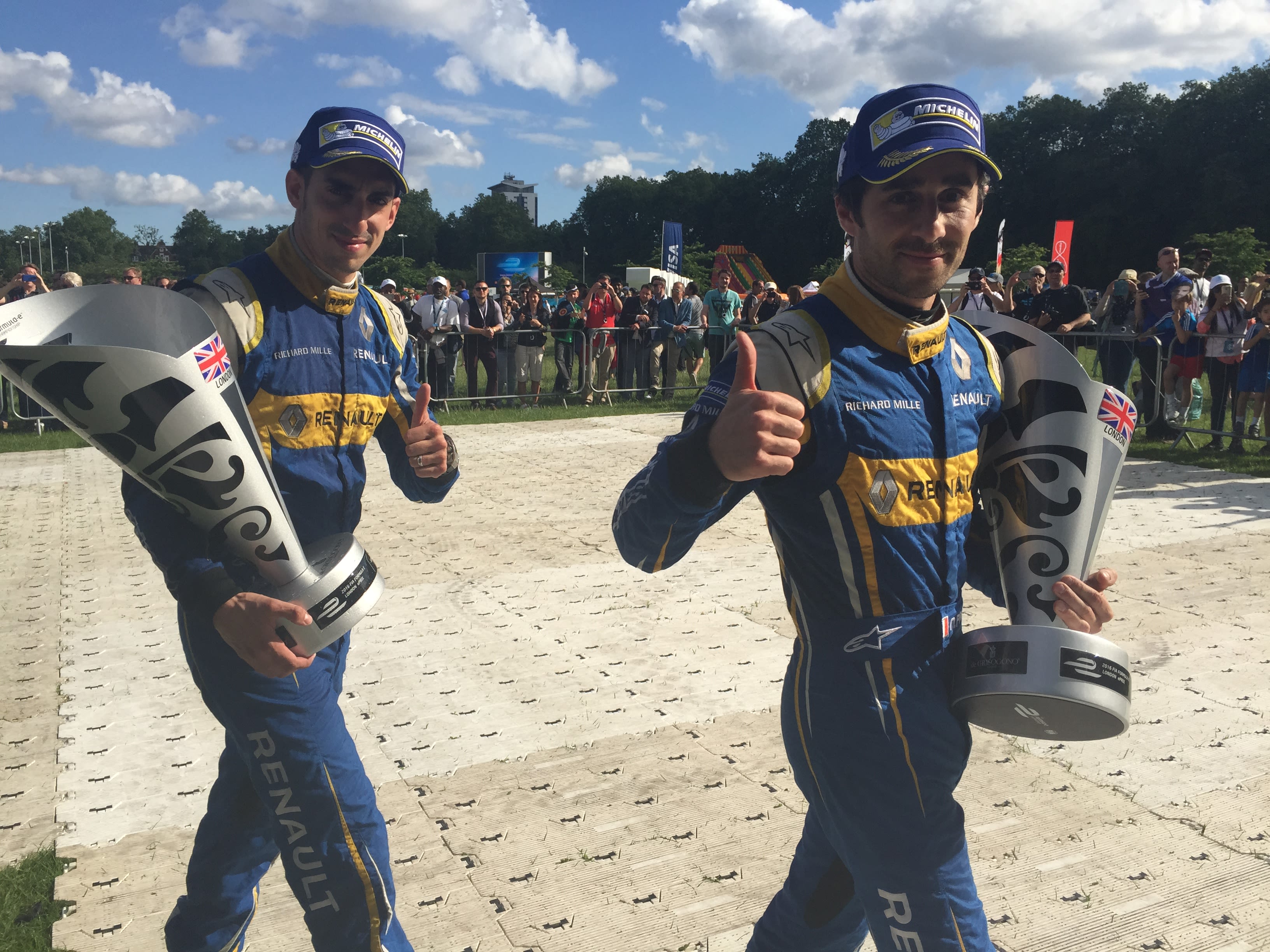 It was a day of triple triumph for Renault e.Dams at the Formula E London ePrix on Sunday. Nico Prost (right) won both the weekend's races while Buemi (left) clinched the drivers' title. The French team also sealed the Constructors' title.