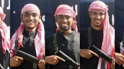 This combination of pictures shows five men, allegedly the gunmen who carried out an attack in the capital Dhaka on July 1, 2016 during which 20 hostages were slaughtered at a restaurant, posing with a rifle in front of a flag of the Islamic State jihadist group at an undisclosed location.