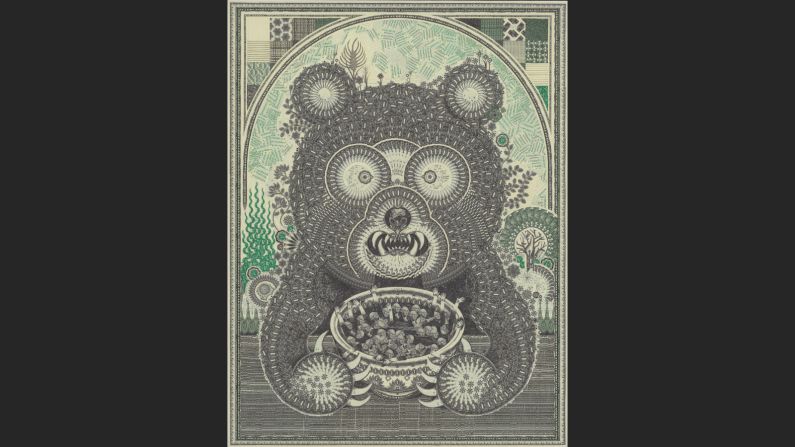 His works contain thousands of tiny slivers of the one dollar bill. 