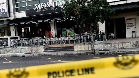 A general view of the site of a grenade attack at a restaurant in Puchong district outside of Kuala Lumpur on June 28.