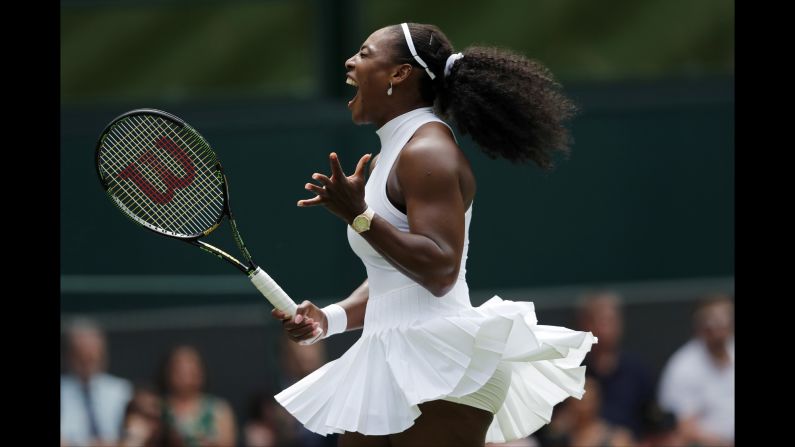 Serena Williams celebrates a point during her first-round Wimbledon win over Amara Safikovic on Tuesday, June 28. Williams, the world's No. 1 tennis player, is seeking her 22nd Grand Slam title.