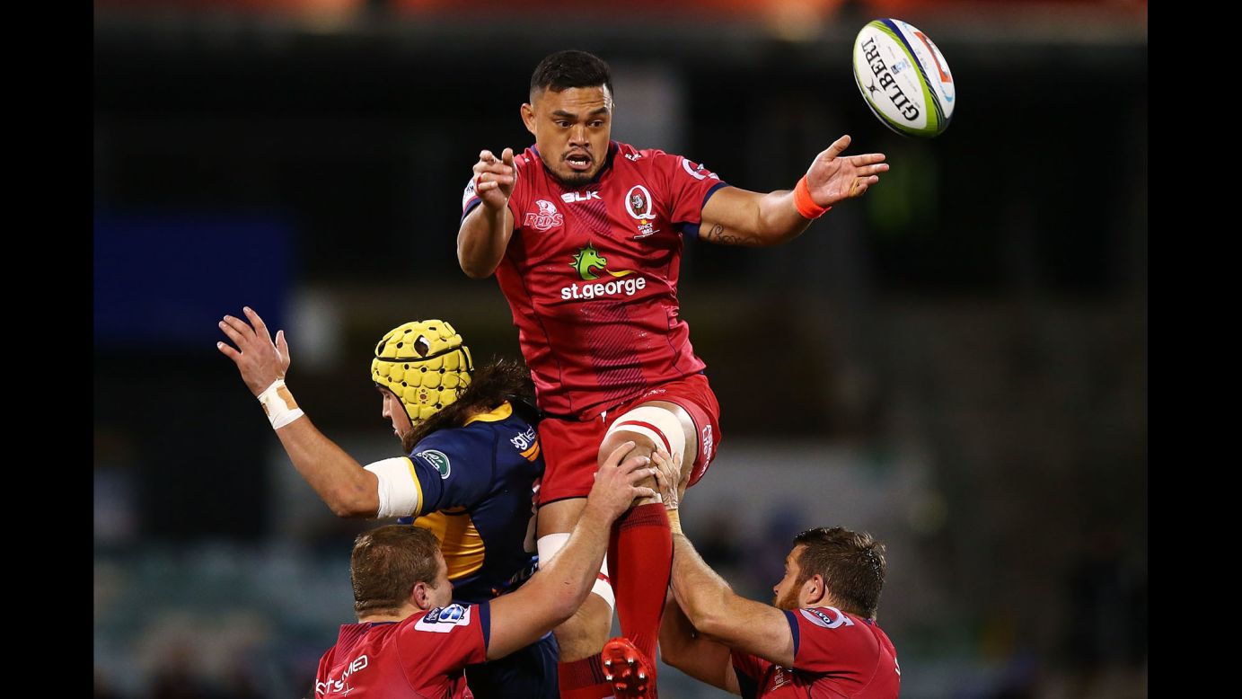 Hendrik Tui wins a lineout ball for the Queensland Reds during a Super Rugby match in Canberra, Australia, on Friday, July 1.