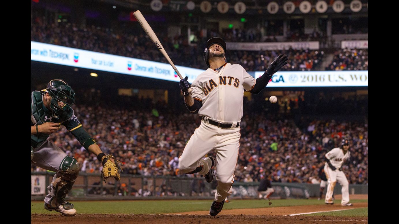 Gregor Blanco is hit by a pitch during a Major League Baseball game in San Francisco on Tuesday, June 28.
