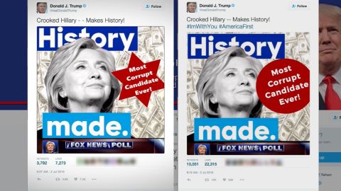 Images Trump Tweeted on Saturday, first the one of the left, which was eventually deleted and replaced with the new image on the right.