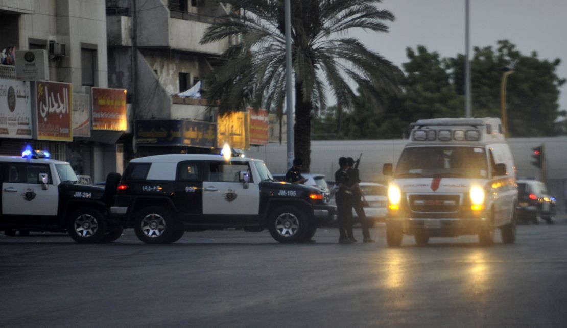 Saudi policemen stand guard at the site where a suicide bomber blew himself up in July 2016 near the US consulate in Jeddah.