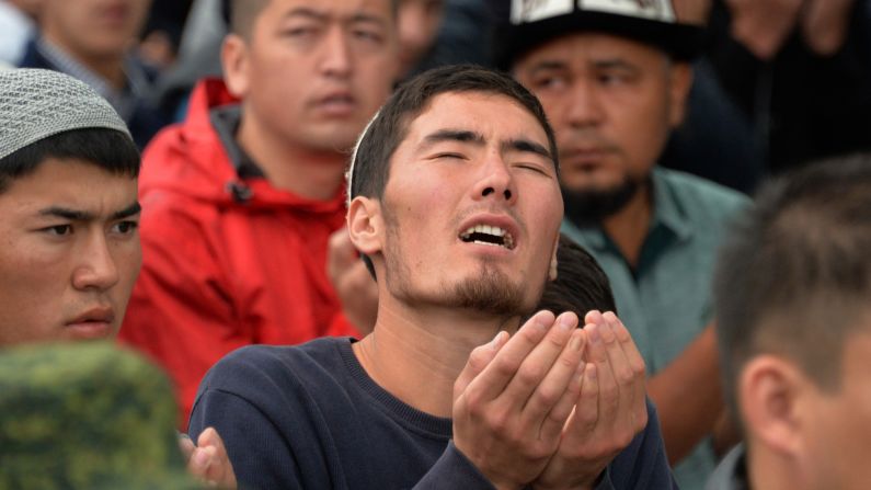 Muslims pray in Bishkek, Kyrgyzstan, during celebrations of Eid al-Fitr.