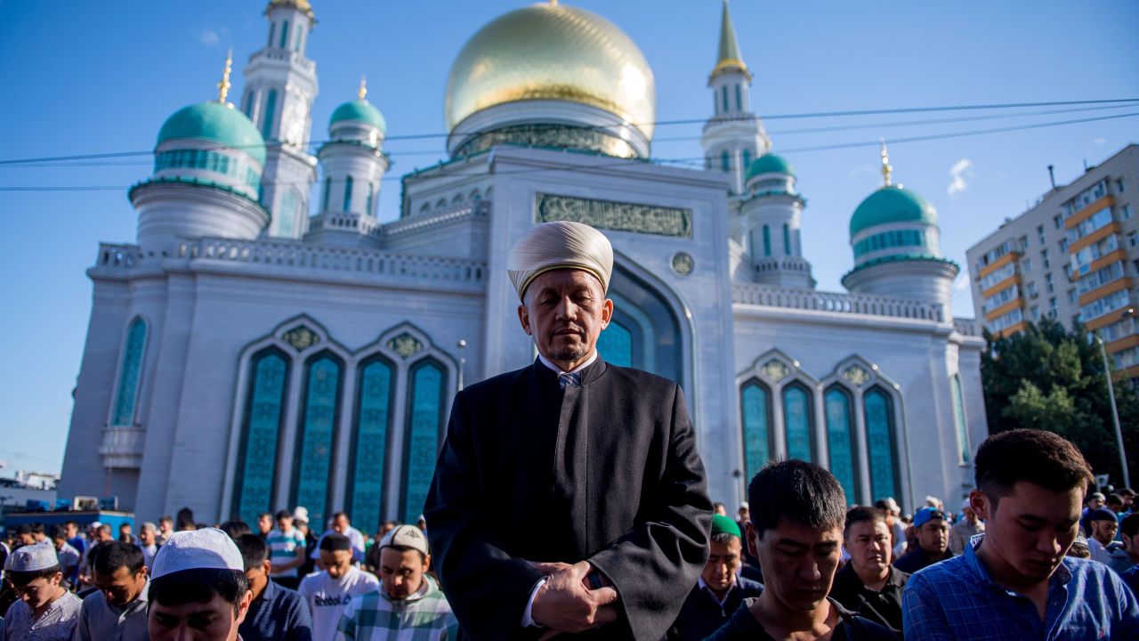 Muslims pray outside the central mosque in Moscow to celebrate the end of Ramadan on Tuesday, July 5. Eid al-Fitr is a three-day festival that marks the end of the Muslim holy month.