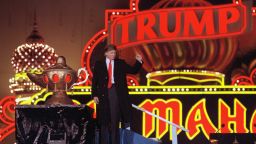 (Original Caption) Atlantic City, New Jersey: Donald Trump raises his fist in a salute as he presides over opening ceremonies of the formal opening of his Taj Mahal, which he calls the 8th wonder of the World.