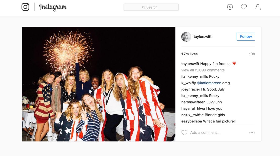 Taylor Swift and her crew celebrated America's birthday in style this year. From American flag biker shorts to a stars-and-stripes onesie, these other celebs wear their patriotism on their sleeves as well as more surprising places. Note that some of these looks are kind of like fireworks: best left to the pros. 