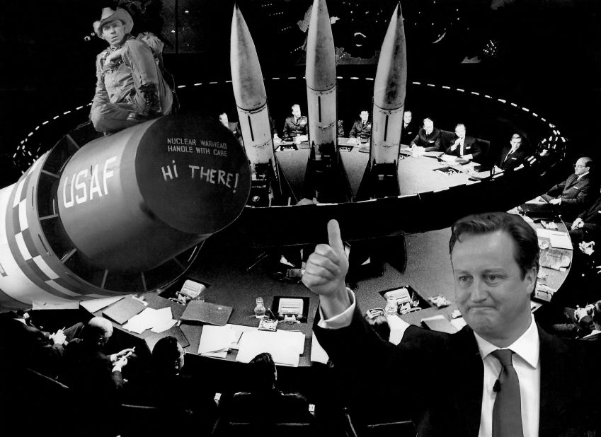 Political collage artist Peter Kennard juxtaposes the war room in "Dr. Strangelove" with modern leaders still engaged in nuclear politics.