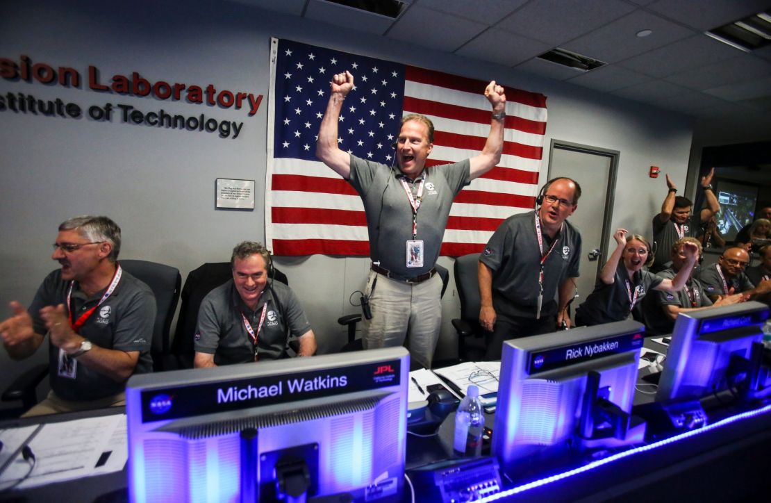 The Juno team celebrates at Mission Control at NASA's Jet Propulsion Laboratory in Pasadena, California.