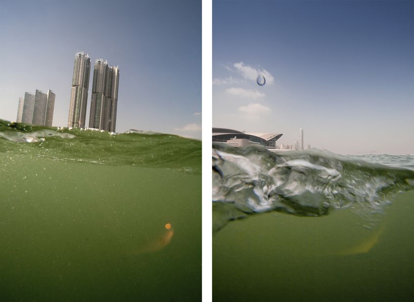 "Two dimensions define the image of Hong Kong: its vertical urbanity and its horizontal conformity to the water," says Germany-based show co-curator and photographer Andres Müller-Pohle. This series, taken half above and half below the water surface, aimed at "bringing these two dimensions together."