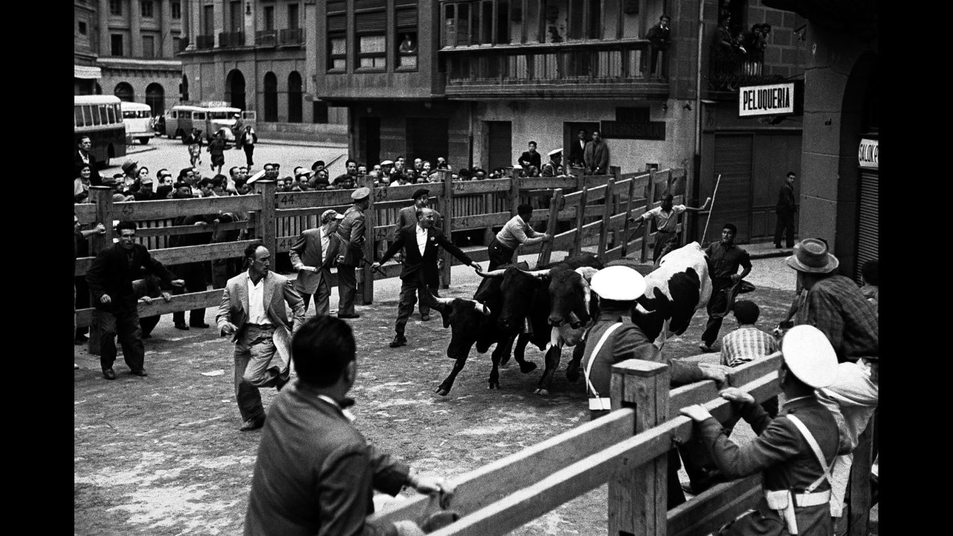 The bulls are let out of their pen. During every festival, there are eight days of bull runs and bullfights.