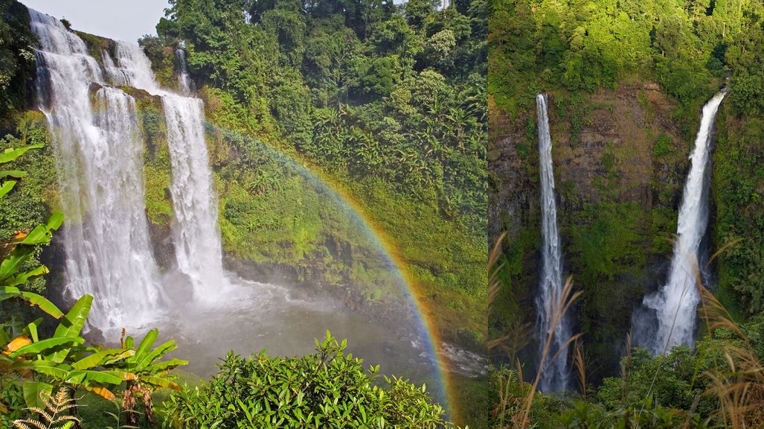  At 120 meters, Tad Fane waterfall (right) is one of the highest in Laos, dropping over a cliff at the plateau's edge. The smaller but arguably more picturesque Tad Yuang (left) is easier to reach, with nearby restaurants and a picnic area. 