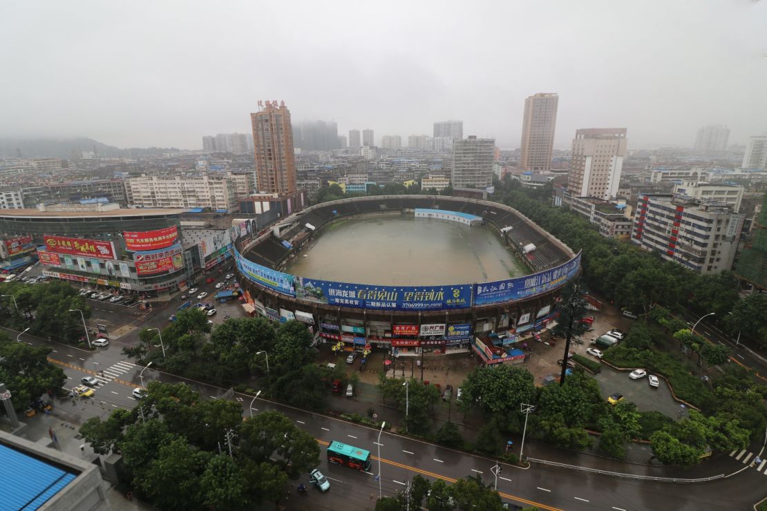 Stadium left full of water by rainstorm on July 2, 2016 in Ezhou, Hubei Province of China.