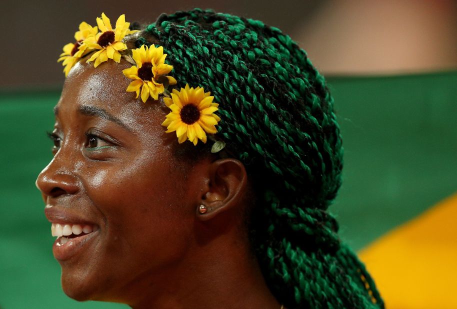 Shelly-Ann Fraser-Pryce won world championship gold in 2015 with flowers in her hair and green braids. What's the plan for Rio? "I haven't made up my mind but I'm loving blue right now..."<br />