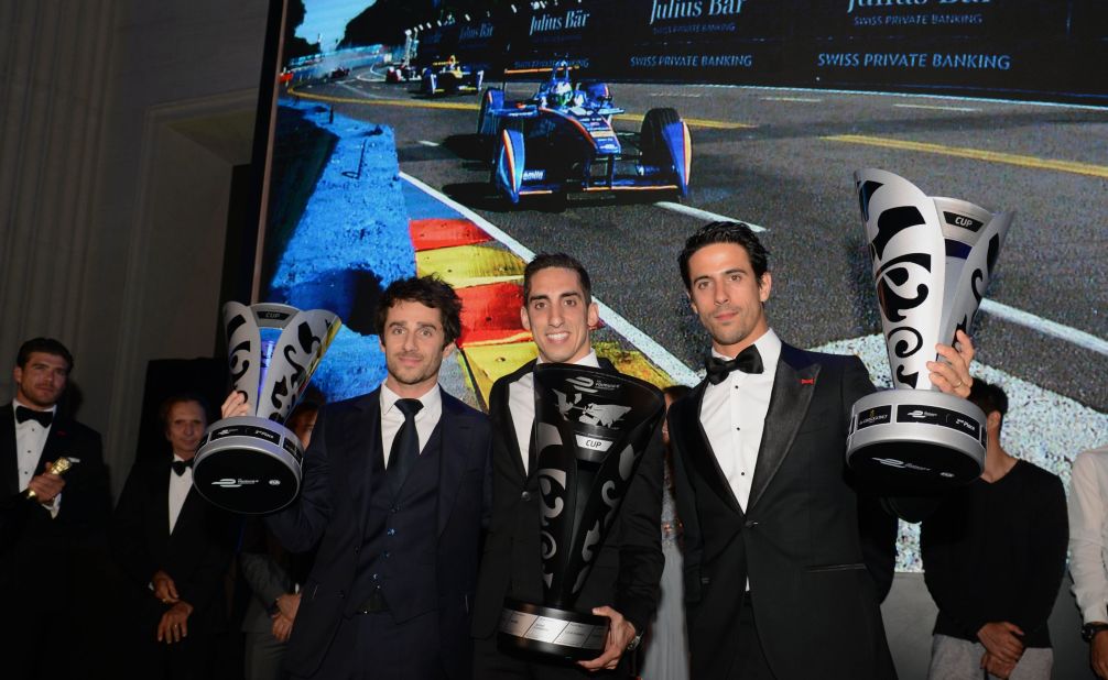 Buemi (center), di Grassi (right) and Prost at the Formula E Awards Gala held at the  British Museum, London on Sunday July 3. 
