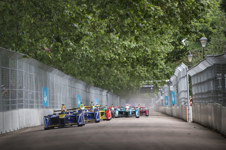 Formula E cars currently have a maximum speed of 140 mph and are powered entirely by electricity.  