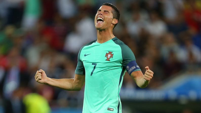 Cristiano Ronaldo celebrates after Portugal defeated Wales 2-0 in the semifinals of Euro 2016. Portugal will play France or Germany in Sunday's final.