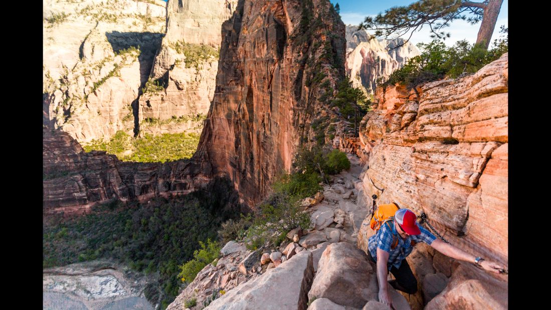 The West Rim Trail leads into the comforting shade of Refrigerator Canyon and continues past Scout Lookout, veering to the right toward Angels Landing. Then you'll scramble over several camel humps until you reach the top of Angels Landing, where breathtaking views of Zion Canyon await. 