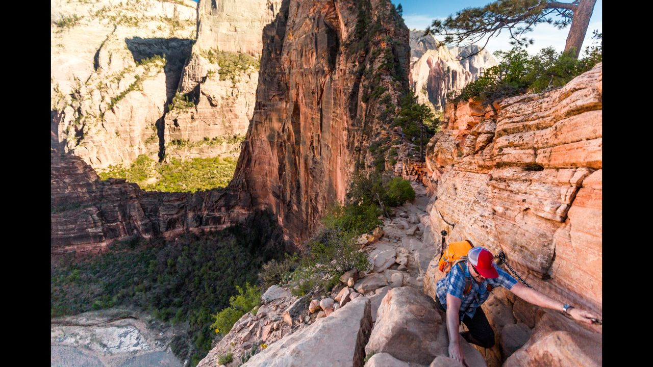 The West Rim Trail leads into the comforting shade of Refrigerator Canyon and continues past Scout Lookout, veering to the right toward Angels Landing. Then you'll scramble over several camel humps until you reach the top of Angels Landing, where breathtaking views of Zion Canyon await. 