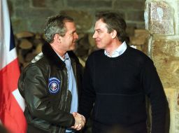 Tony Blair holds a joint press conference with George W. Bush near the presidential retreat Camp David in 2001.