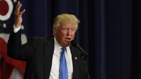 Donald Trump addresses the crowd during a campaign rally at the Sharonville Convention Center July 6, 2016, in Cincinnati, Ohio.