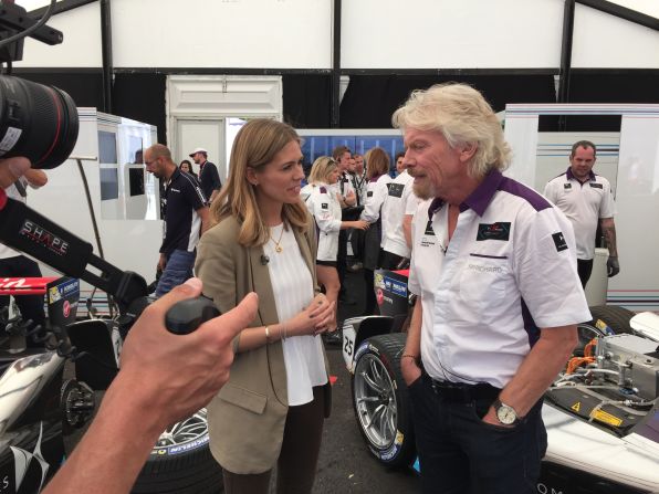 Richard Branson talks to CNN Supercharged presenter Nicki Shields in the DS Virgin Racing pit garage. 