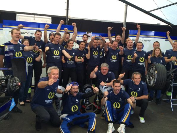 The Renault team celebrating in the pit garage. The French team's results in London ensured it won the 2015-16 Formula E Constructors' title. 