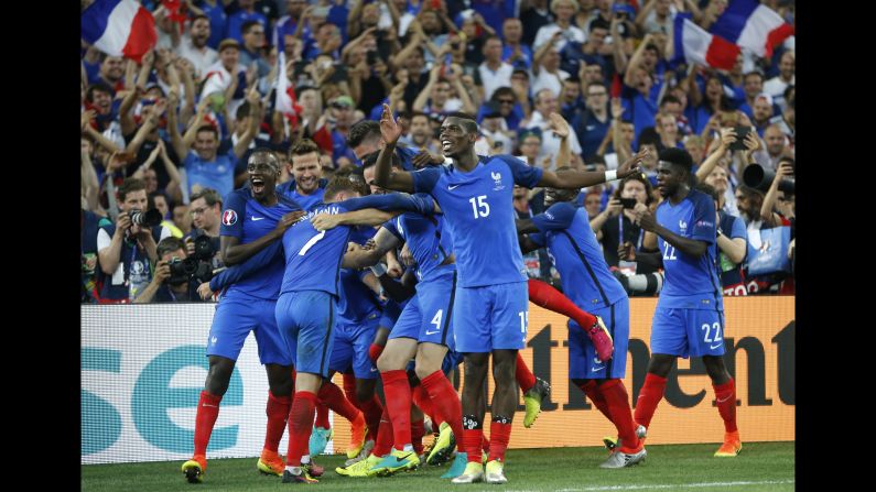 French players celebrate after defeating Germany 2-0 in the semifinals of Euro 2016 on Thursday, July 7. France, the tournament hosts, will play Portugal in Sunday's final.