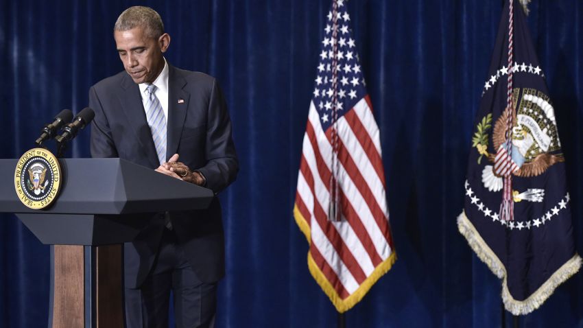 President Barack Obama speaks on the recent shootings in the US, at a hotel in Warsaw, on July 8, 2016.