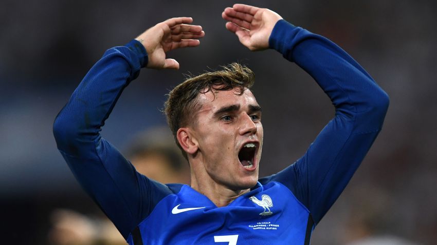 France's forward Antoine Griezmann reacts after scoring the second goal for France during the Euro 2016 semi-final football match between Germany and France at the Stade Velodrome in Marseille on July 7, 2016.
 / AFP / FRANCK FIFE        (Photo credit should read FRANCK FIFE/AFP/Getty Images)