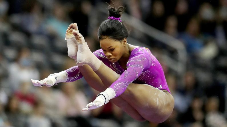 Gabby Douglas won all-around gold at the London Olympics in 2012. She is trying to become the first woman since Nadia Comaneci to return to the Olympics after winning all-around gold.