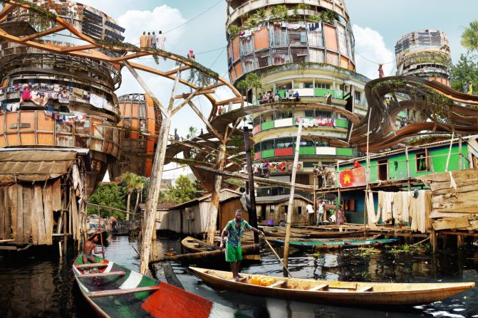 Many of his images feature Lagos Makoko Canal, the infamous floating slum. Population estimates range from 85,000 to 250,000. 