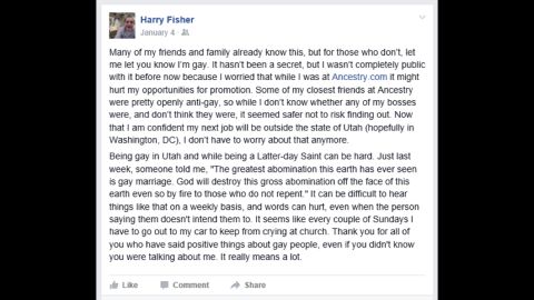 Harry Fisher's came out as gay on Facebook last January.