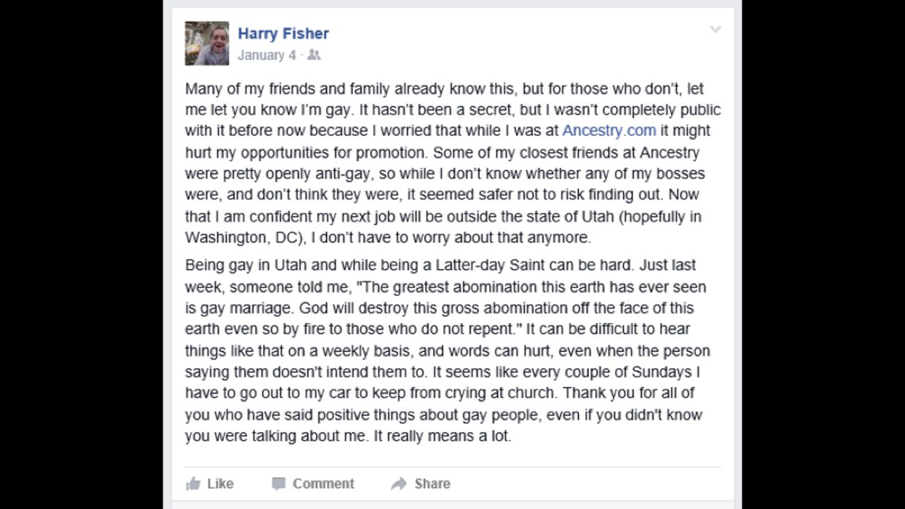 Harry Fisher's came out as gay on Facebook last January.