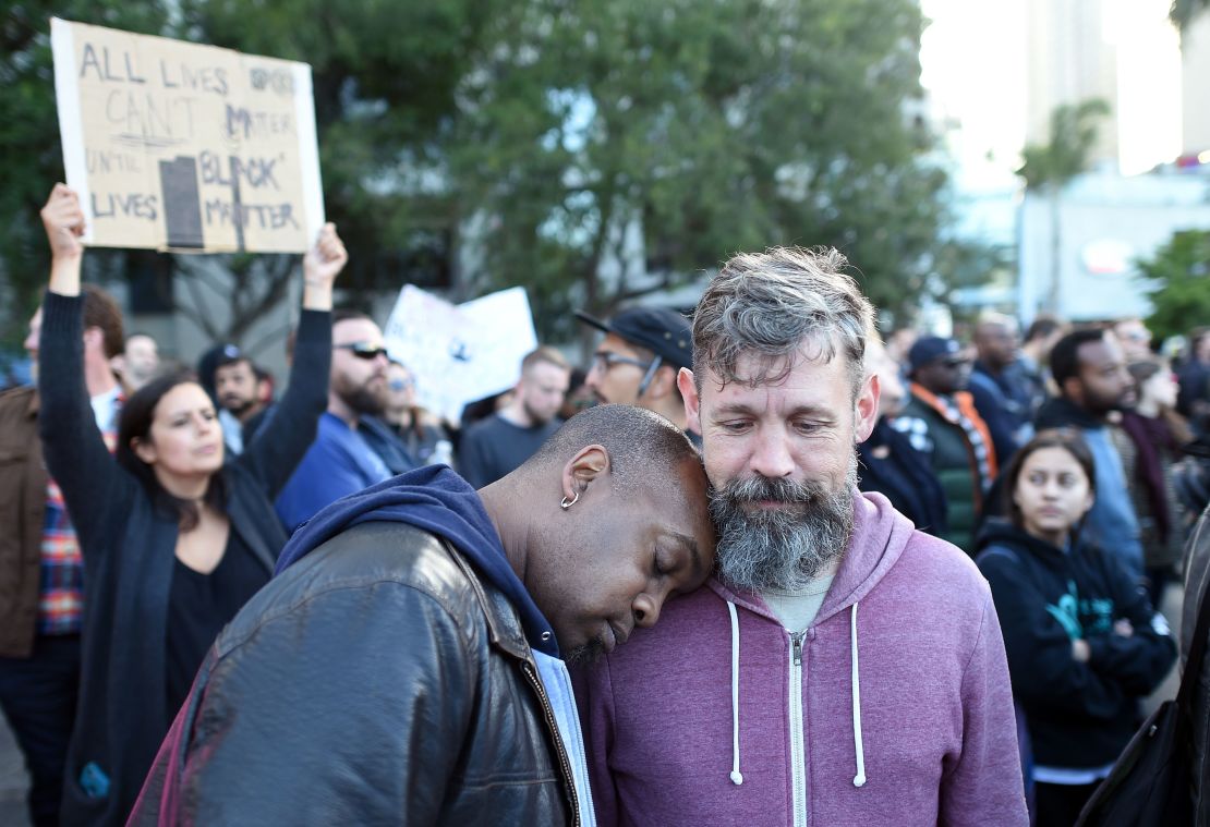 People at a San Francisco rally on July 8, 2016 denouncing police shootings in the U.S.