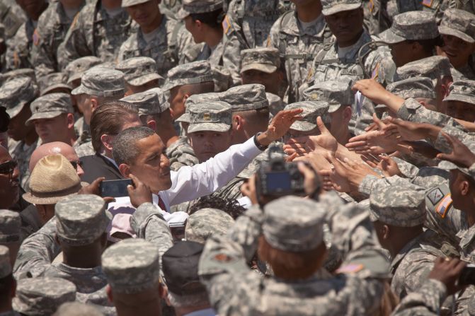 U.S. President Barack Obama greets soldiers at the Army's Fort Stewart on April 27, 2012, in Hinesville, Georgia. This was Obama's first trip to Fort Stewart, where he met with soldiers and their families.