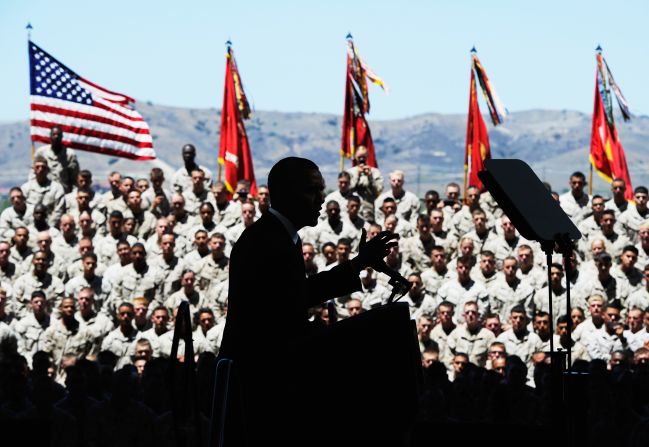 U.S. President Barack Obama delivers remarks during his visit at Camp Pendleton Marine Corps base with troops and their families to thank them for their service, on August 7, 2013, at Camp Pendleton, California.