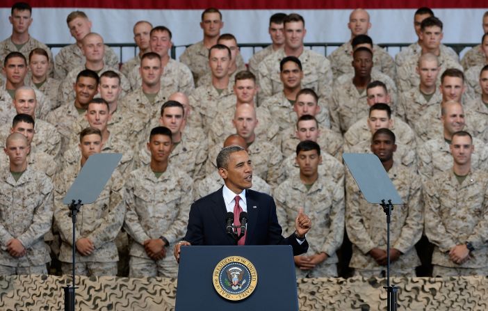 U.S. President Barack Obama delivers remarks during his visit at California's Camp Pendleton Marine Corps base with troops and their families to thank them for their service on August 7, 2013.