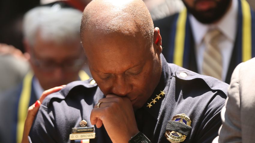 DALLAS, TX - JULY 08: Dallas Police Chief David Brown pauses at a prayer vigil following the deaths of five police officers last night during a Black Live Matter march on July 8, 2016 in Dallas, Texas. Five police officers were killed and seven others were injured in a coordinated ambush at a anti-police brutality demonstration in Dallas. Investigators are saying the suspect is 25-year-old Micah Xavier Johnson of Mesquite, Texas. This is the deadliest incident for U.S. law enforcement since September 11. (Photo by Spencer Platt/Getty Images)