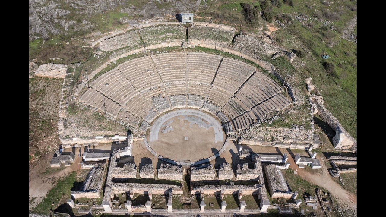 The walled city of Philippi, whose remains are in present-day Eastern Macedonia and Thrace, was founded in 356 BC by the Macedonian King Philip II and has a Hellenistic theater (shown here), funerary heroon (temple) and Roman forum. Following a visit by the Apostle Paul in 49-50 AD, it became a center for Christians. 