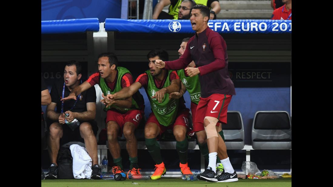 Ronaldo, who had come off injured in the first half, rooted for his teammates from the sidelines. 