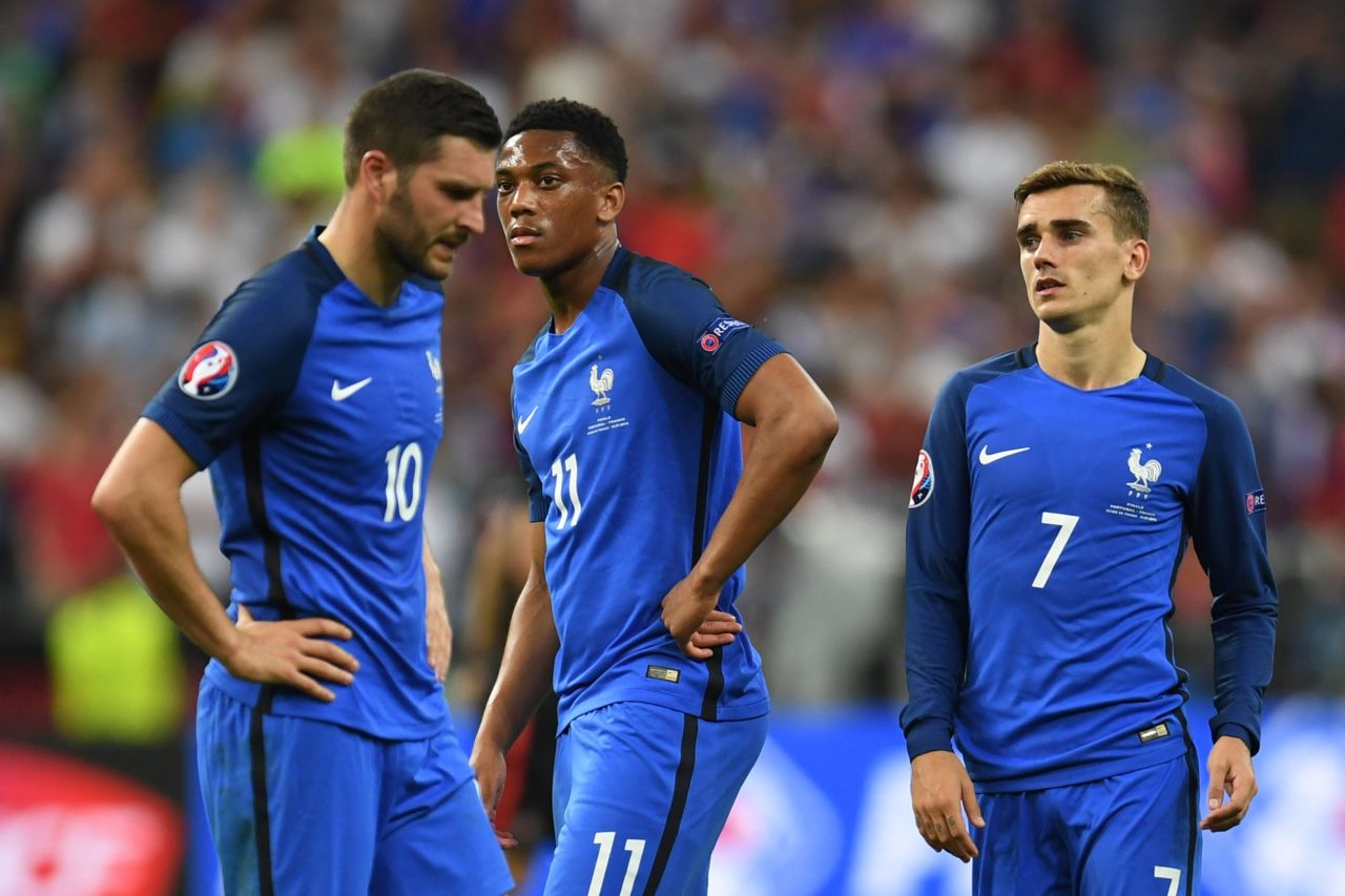 France's players were left stunned by the defeat which ended its hopes of a third European title.