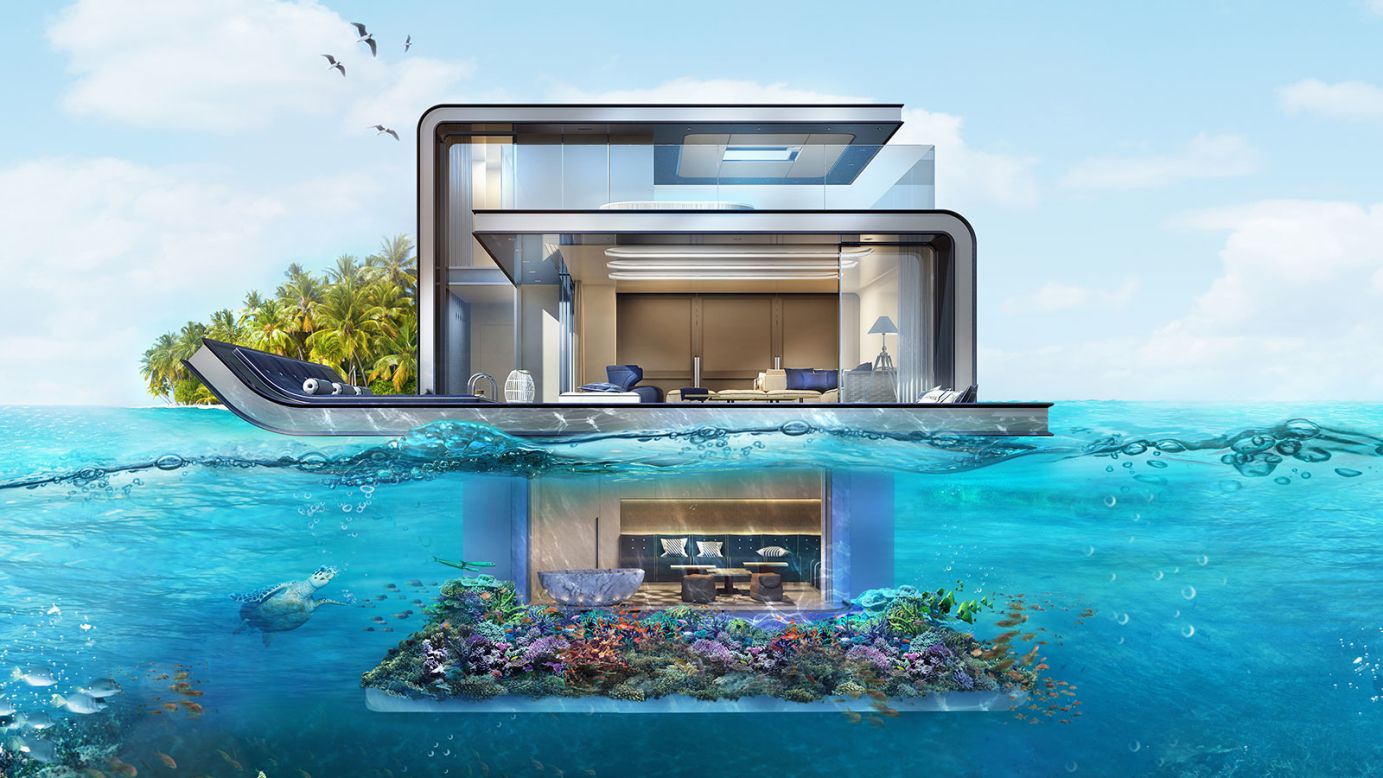 The Floating Seahorse villas take the houseboat concept to the next level. For starters, each three-story retreat features an entire floor submerged beneath the sea. Brought to life by Kleindienst real estate and property developers, the villas are part of the Heart of Europe resort opening off the coast of Dubai.